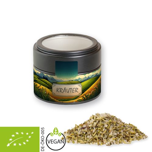 Organic herb salt, ca. 75g, metal tin mini black with window