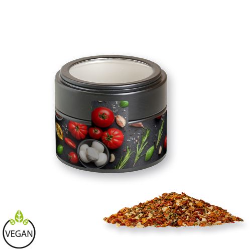 Tomato mozzarella spice, ca. 40g, metal tin mini black with window