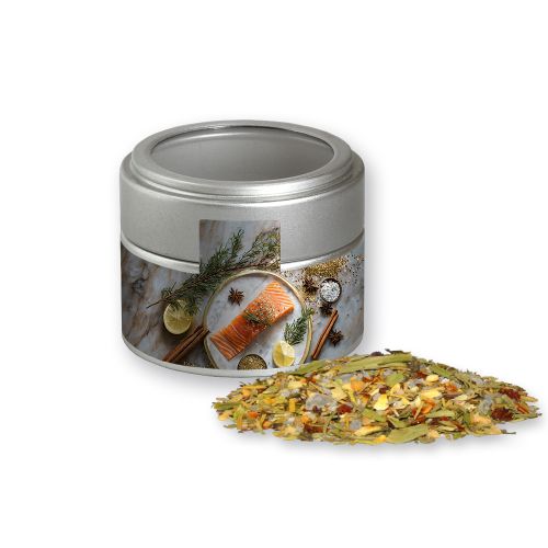 Christmas spice mix fish, ca. 55g, metal tin mini silver with window