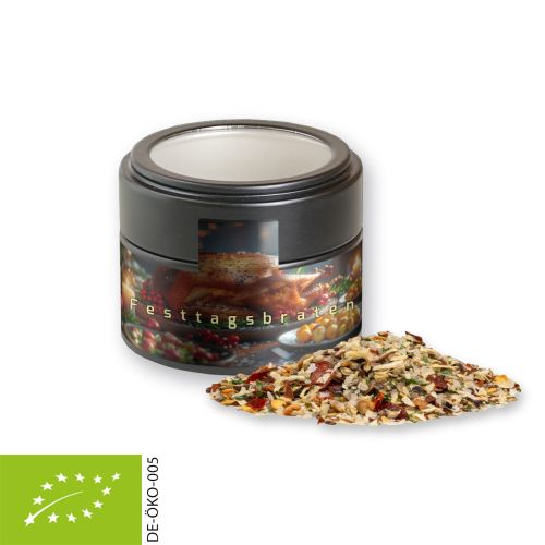 Organic Christmas spice mix roast meat, ca. 50g, metal tin mini black with window