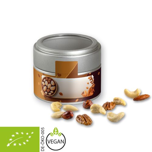 Organic nut mix , ca. 60g, metal tin mini silver with window