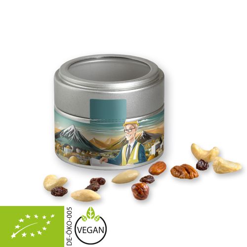 Organic trail mix, ca. 60g, metal tin mini silver with window