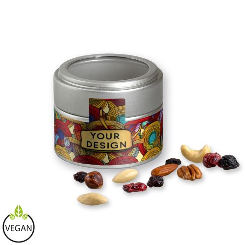 Premium trail mix, ca. 60g, metal tin mini silver with window