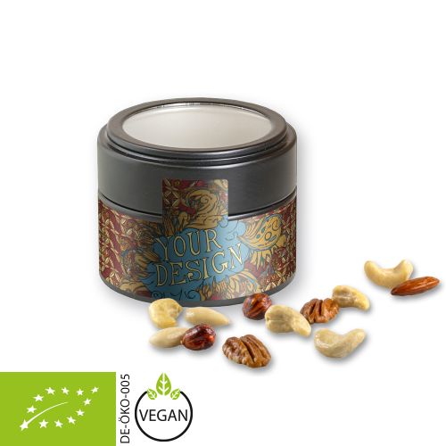 Organic nut mix , ca. 60g, metal tin mini black with window