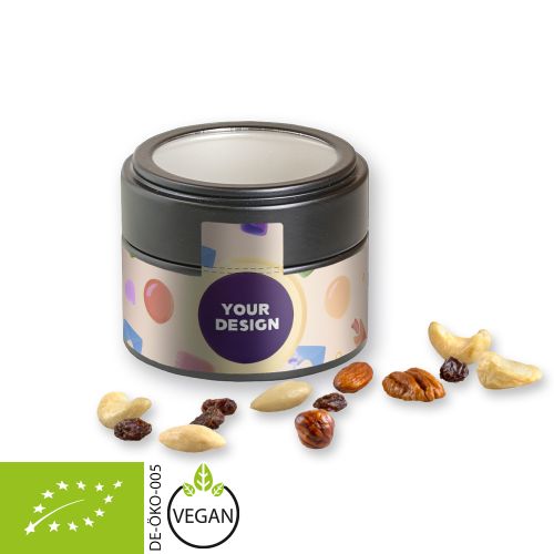 Organic trail mix, ca. 60g, metal tin mini black with window