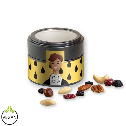 Premium trail mix, ca. 60g, metal tin mini black with window