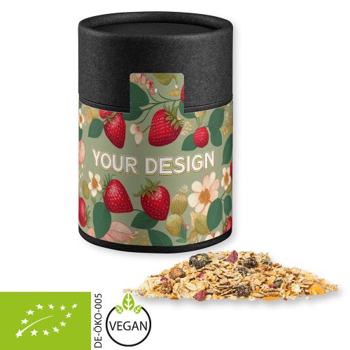 Organic muesli strawberry (vegan), ca. 60g, cardboard can midi black