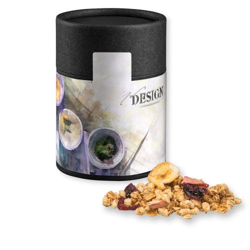 Muesli crunchy fruit, ca. 50g, cardboard can midi black