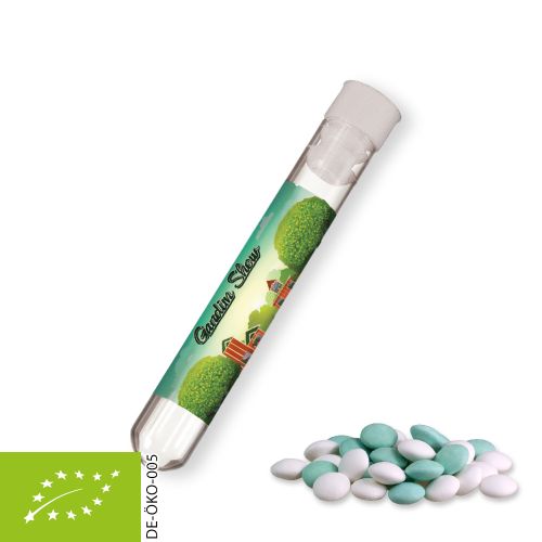 Organic mint chocolate lentils (vegan), ca. 10g, test tube with label