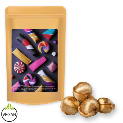 Golden nuts candy (vegan), ca. 80g, midi stand up pouch with label
