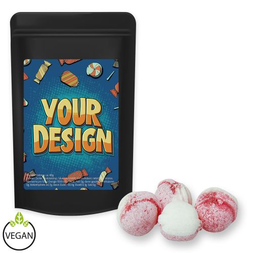 Strawberry yogurt candy (vegan), ca. 80g, midi stand up pouch black with label