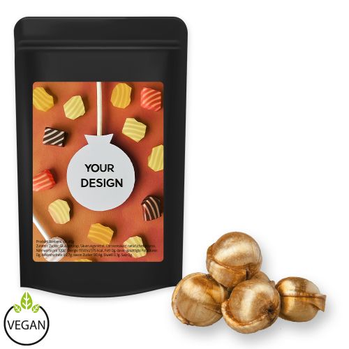 Golden nuts candy (vegan), ca. 80g, midi stand up pouch black with label