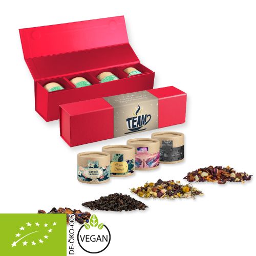 Various tea sorts organic and non organic, ca. 60-140g, gift set premium red with 4 cardboard can mini
