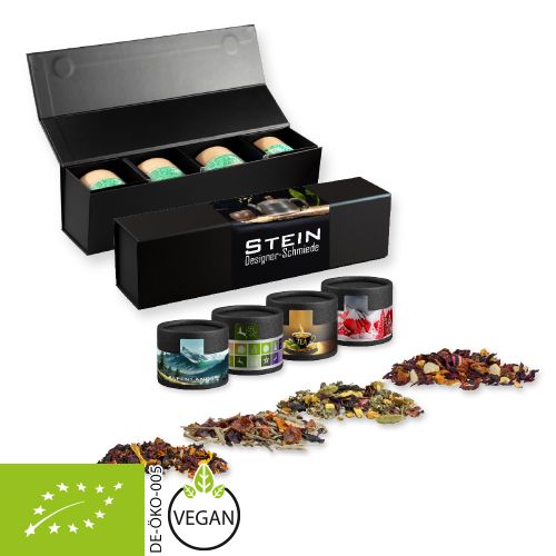 Various tea sorts organic and non organic, ca. 60-140g, gift set premium black with 4 cardboard can mini