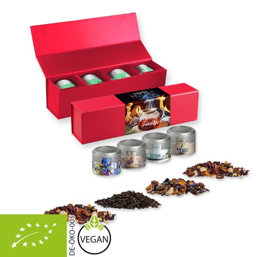 Various tea sorts organic and non organic, ca. 60-140g, gift set premium red with 4 metal tin mini with window