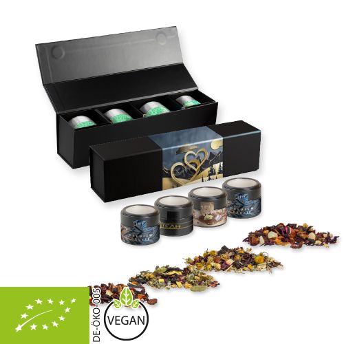 Various tea sorts organic and non organic, ca. 60-140g, gift set premium black with 4 metal tin mini with window