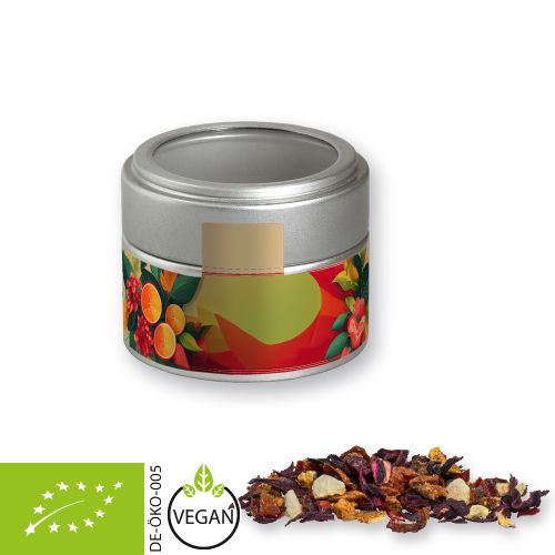 Organic fruit tea good mood, ca. 30g, metal tin mini silver with window