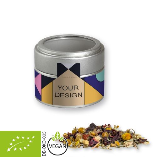Organic herbal tea four seasons, ca. 15g, metal tin mini silver with window