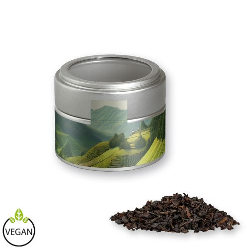 Black tea, ca. 25g, metal tin mini silver with window