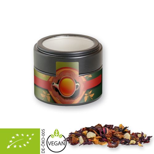 Organic fruit tea good mood, ca. 30g, metal tin mini black with window