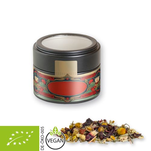 Organic herbal tea four seasons, ca. 15g, metal tin mini black with window