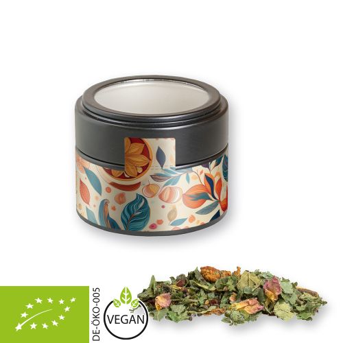 Organic herbal tea happiness, ca. 25g, metal tin mini black with window