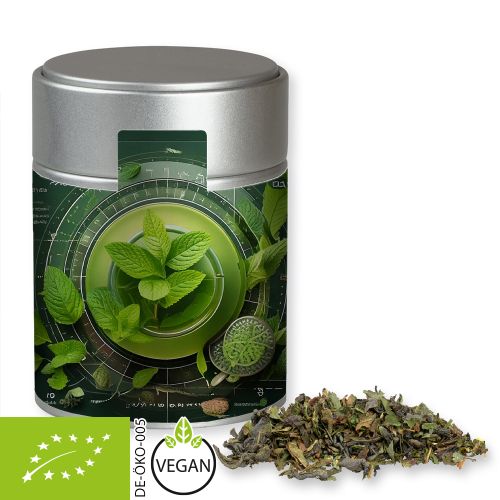 Organic green tea with mint, ca. 35g, metal tin midi silver