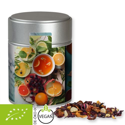Organic fruit tea good mood, ca. 60g, metal tin midi silver