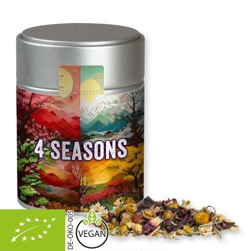 Organic herbal tea four seasons, ca. 30g, metal tin midi silver