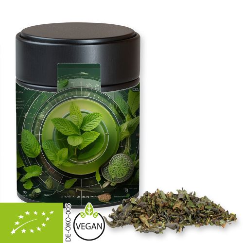 Organic green tea with mint, ca. 35g, metal tin midi black
