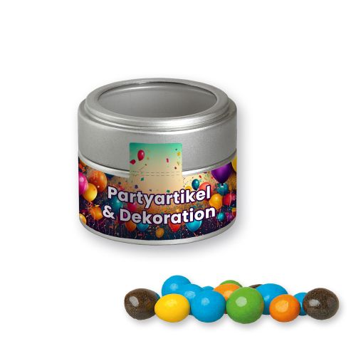 Coloured peanuts, ca. 70g, metal tin mini silver with window