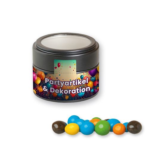 Coloured peanuts, ca. 70g, metal tin mini black with window