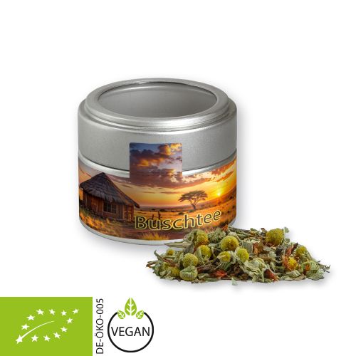 Organic rooibos tea relaxation time, ca. 25g, metal tin mini silver with window