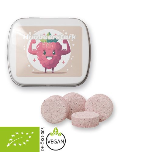 Organic raspberry drops (vegan), ca. 20g, mint tin white