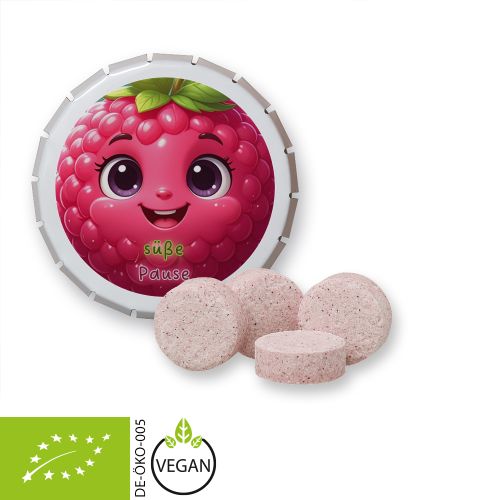 Organic raspberry drops (vegan), ca. 20g, click clack tin white