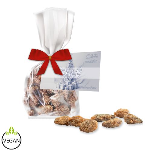 Burnt almonds with no added sugar (vegan), ca. 30g, express flat bag with bow with advertising card