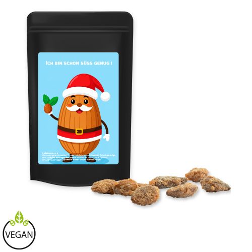Burnt almonds with no added sugar (vegan), ca. 30g, mini stand up pouch black with label