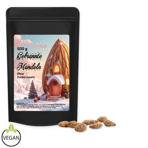 Burnt almonds with no added sugar (vegan), ca. 500g, maxi stand up pouch black with label