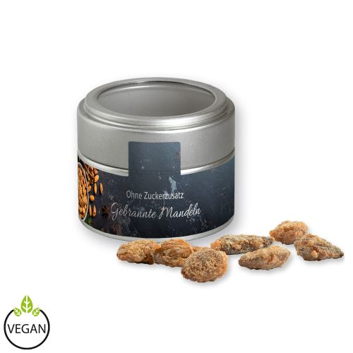 Burnt almonds with no added sugar (vegan), ca. 60g, metal tin mini silver with window