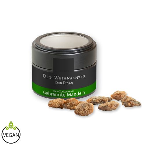 Burnt almonds with no added sugar (vegan), ca. 60g, metal tin mini black with window