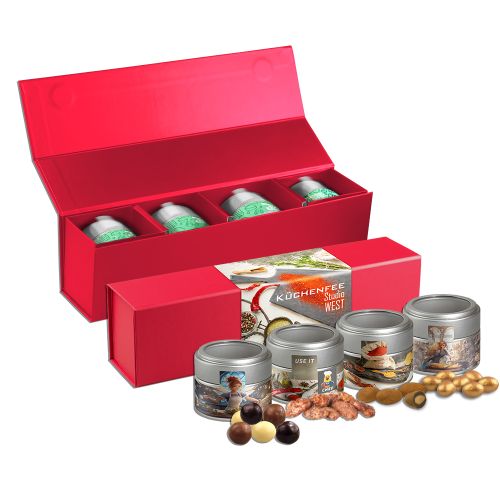 Premium crunchy Christmas gift set, ca. 225g, gift set premium red with 4 metal tin mini with window