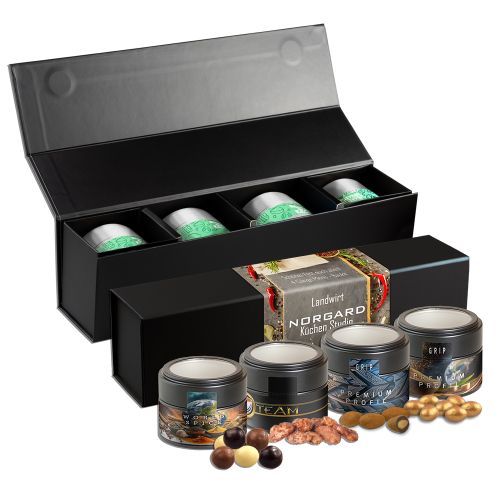 Premium crunchy Christmas gift set, ca. 225g, gift set premium black with 4 metal tin mini with window