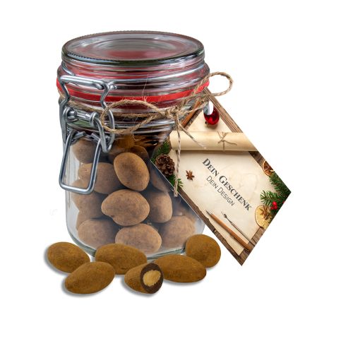 Chocolate almonds with cinnamon, ca. 200g, candy jar maxi with advertising card with advertising card