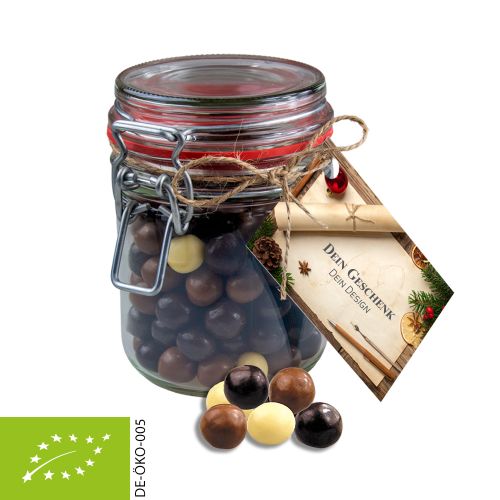 Organic choco crispy balls, ca. 140g, candy jar maxi with advertising card with advertising card