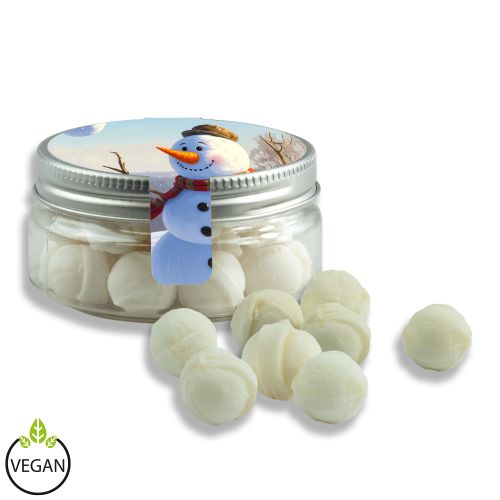 Sweet Snowballs candy (vegan), ca. 60g, mini sweet jar with label